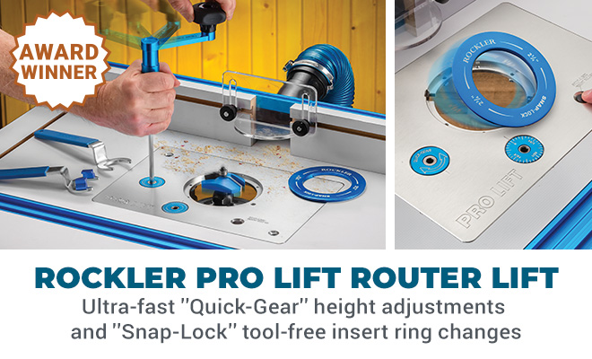 Rockler-Pro Lift Router Lift with fast height adjustment and tool-free ring changes