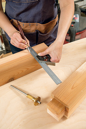 Marking cedar potting bench legs for mortise installation