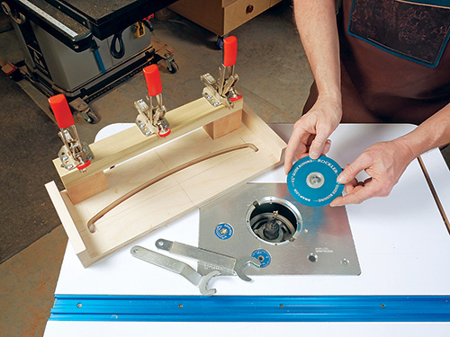 Curved routing jig and setting router table for cutting curved parts for cloud lift dining table