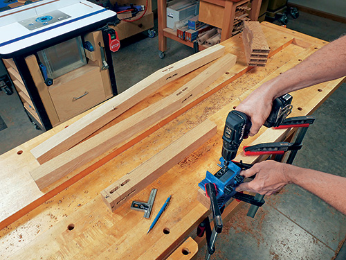 Drilling joinery holes in cloud lift chair seat rails with Beadlock system