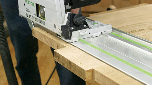 Using track saw to cut one end of a tabletop