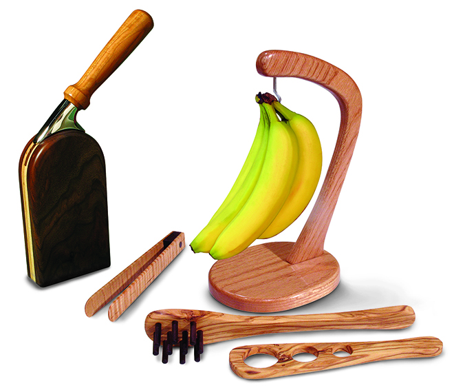 Woodworker's Journal Kitchen Essentials - Tongs, Pasta Pair, Pizza Cutter Stand, Banana Holder