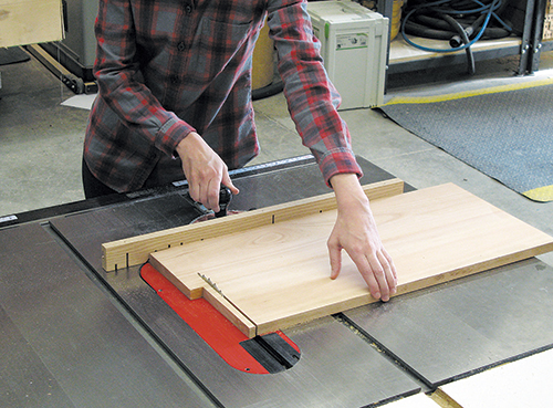 Crosscut the stock to length on the table saw with a miter gauge. A circular saw or a sliding miter saw could also handle this task.