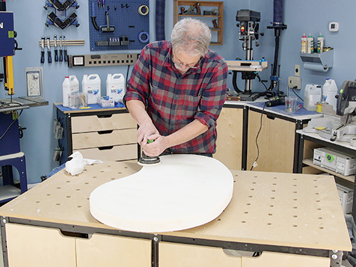 Smoothing interior epoxy pour with random orbit sander