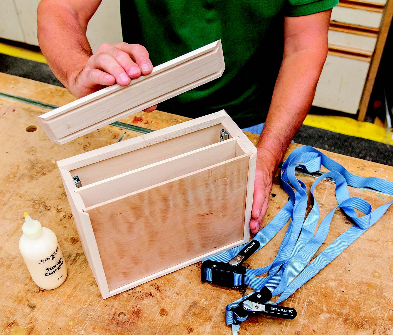 Carry out a full dry-fit of the case pieces before assembling them with glue and strap clamps. Do not glue the solid wood top panel; it should float freely in its grooves to allow for cross-grain wood movement.