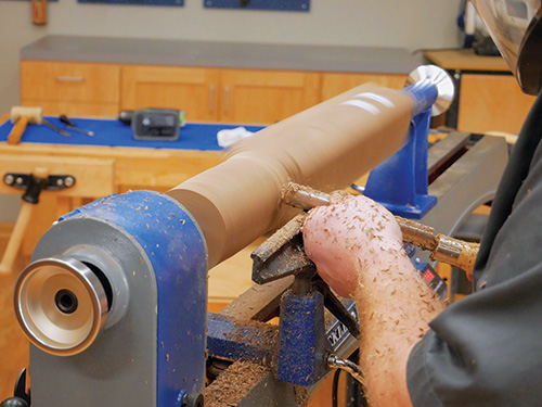 Starting to turn pedestal body from blank on lathe