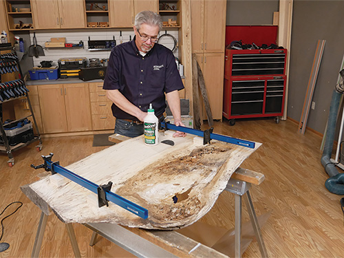 Clamping and gluing pieces of slab tabletop