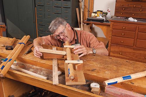 Adjusting chair leg in drilling jig