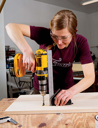 Drill matching dowel holes in the bar stool’s sidepieces (right). Keep the drill held squarely