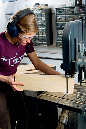 Shaping the seat’s top contours is best handled “resaw” fashion at the band saw. Cut carefully just to the waste side of your layout lines.