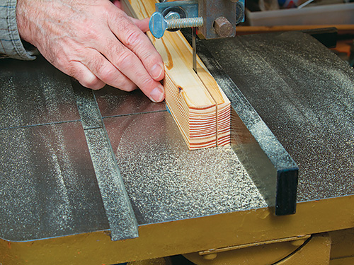 Using band saw to cut strips for window shutter lattice