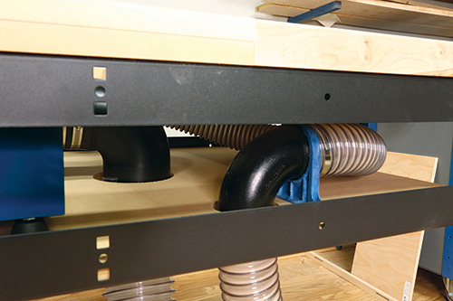 Hose connectors underneath sanding cart tabletop