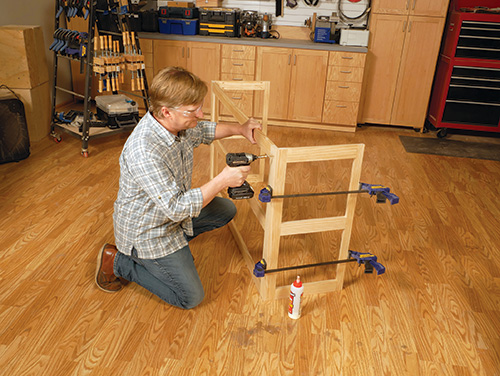 Frame for workbench clamped together and attached with screws