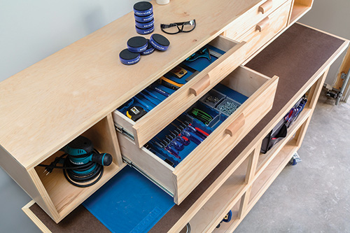 Cabinet drawers open to show Rockler Lock-Align Drawer System