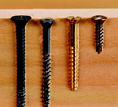 Screws with heads that sink flush (or near flush) with the work surface are, left to right: bugle head, trim head, flat head and oval head.