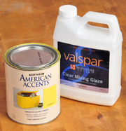 Mix clear waterbased glaze base, right, with latex paint to make a custom color glaze. 
